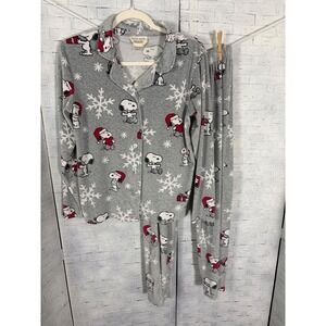 Munki Munki Peanuts Snoopy Womens Pajamas Set Christmas Snowflake Fleece Cozy